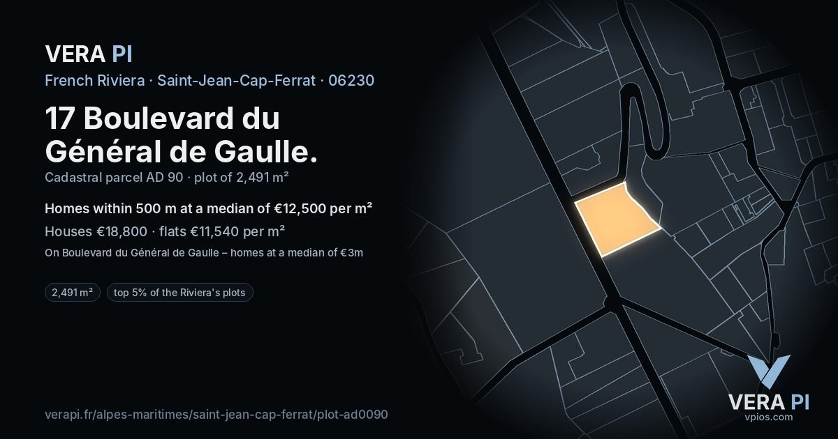 17 Boulevard du Général de Gaulle, Saint-Jean-Cap-Ferrat at night – the plot lit, the parcels around coloured by the prices near them