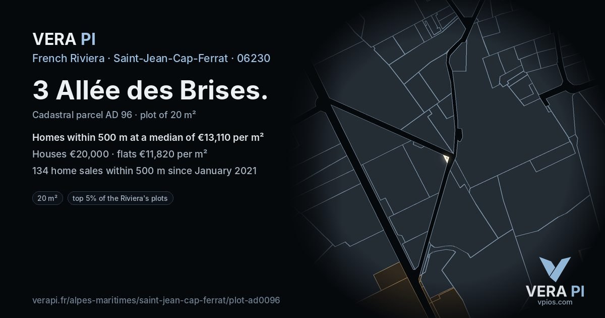 3 Allée des Brises, Saint-Jean-Cap-Ferrat at night – the plot lit, the parcels around coloured by the prices near them