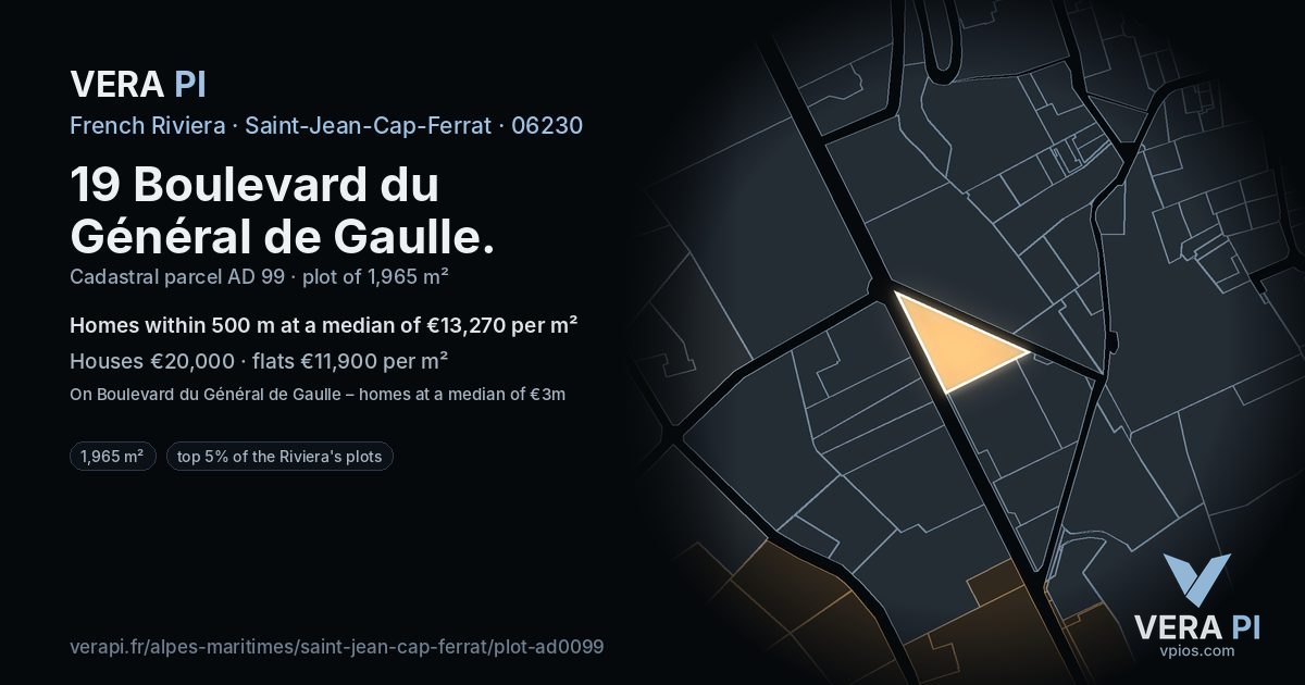 19 Boulevard du Général de Gaulle, Saint-Jean-Cap-Ferrat at night – the plot lit, the parcels around coloured by the prices near them