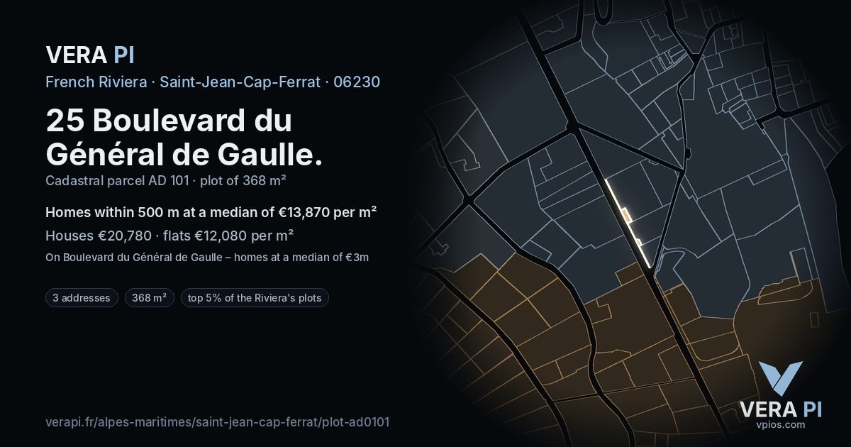 25 Boulevard du Général de Gaulle, Saint-Jean-Cap-Ferrat at night – the plot lit, the parcels around coloured by the prices near them