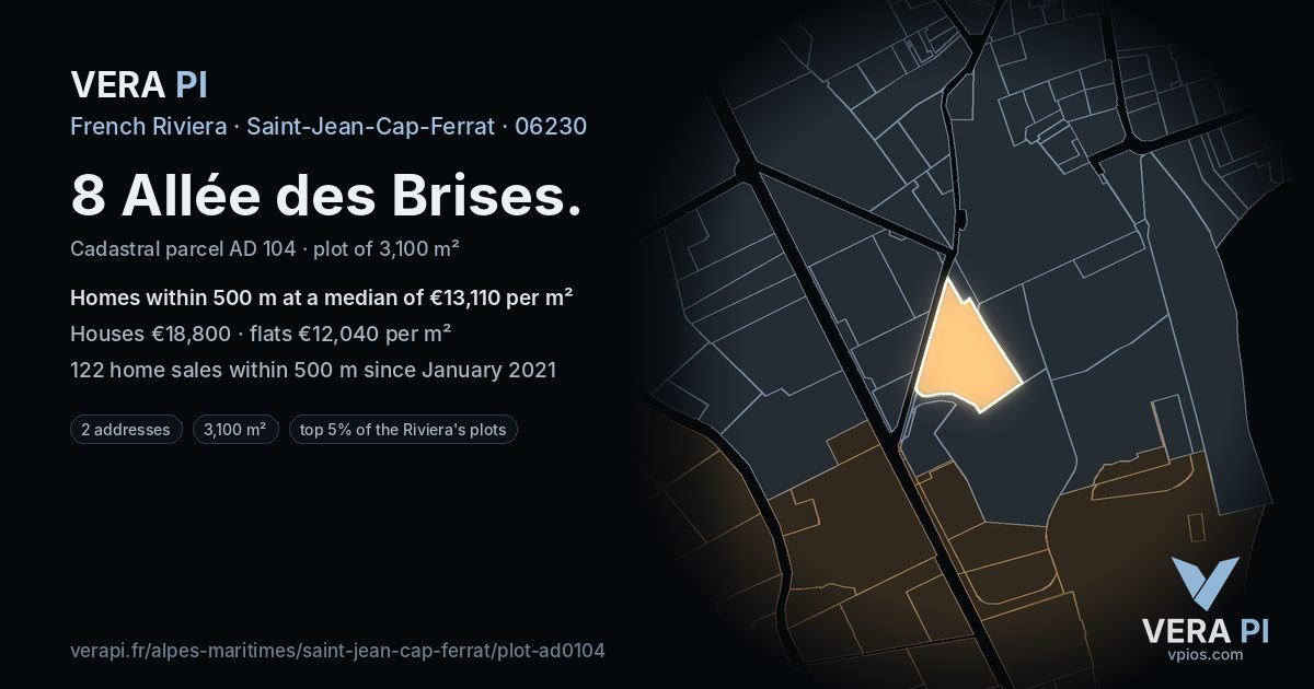 8 Allée des Brises, Saint-Jean-Cap-Ferrat at night – the plot lit, the parcels around coloured by the prices near them