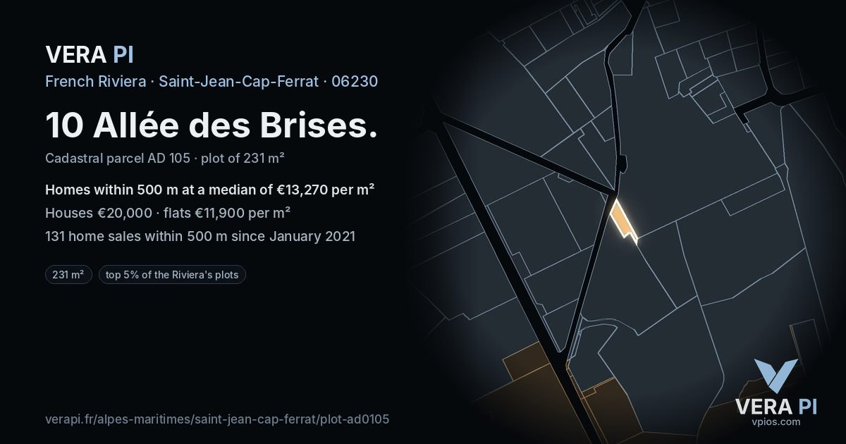 10 Allée des Brises, Saint-Jean-Cap-Ferrat at night – the plot lit, the parcels around coloured by the prices near them