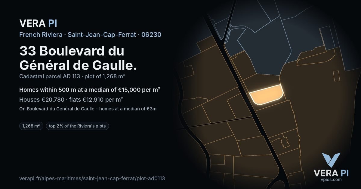 33 Boulevard du Général de Gaulle, Saint-Jean-Cap-Ferrat at night – the plot lit, the parcels around coloured by the prices near them