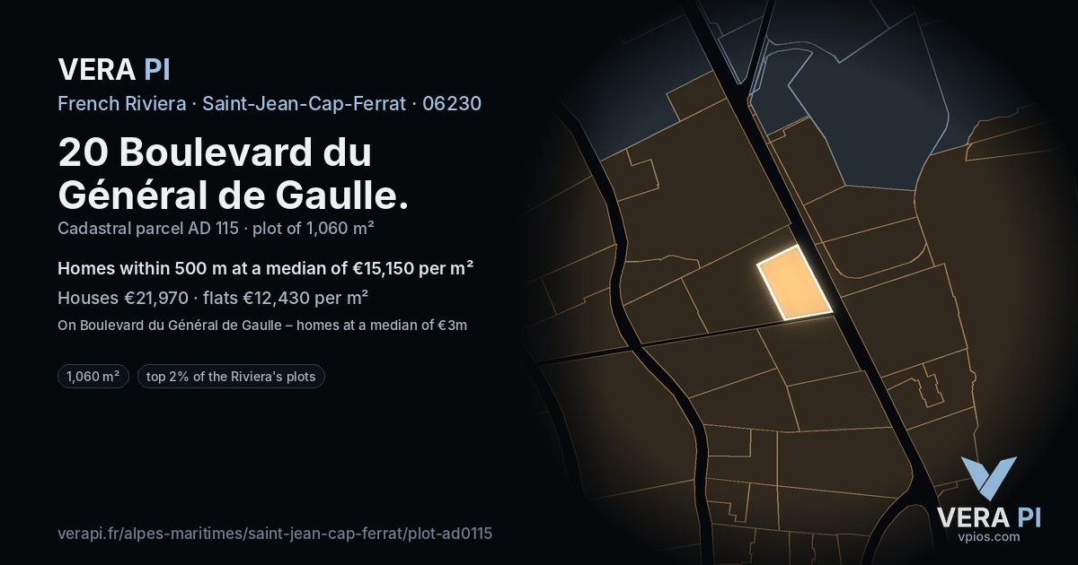 20 Boulevard du Général de Gaulle, Saint-Jean-Cap-Ferrat at night – the plot lit, the parcels around coloured by the prices near them