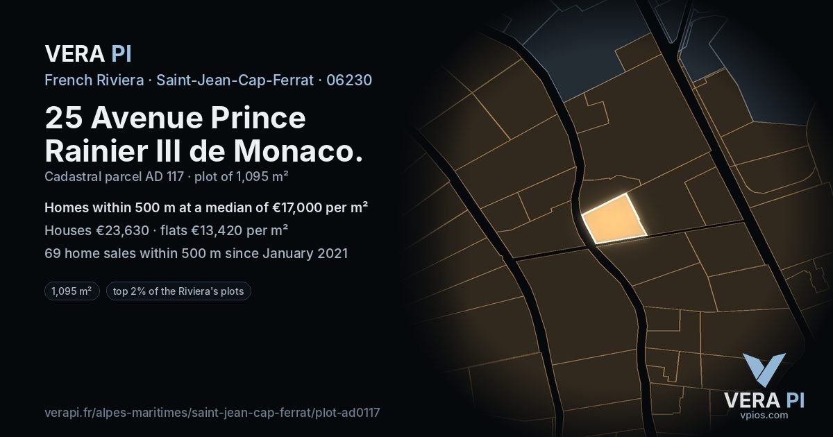 25 Avenue Prince Rainier III de Monaco, Saint-Jean-Cap-Ferrat at night – the plot lit, the parcels around coloured by the prices near them