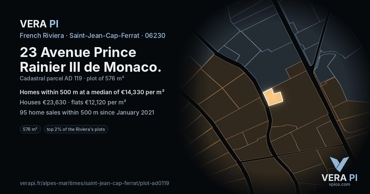 23 Avenue Prince Rainier III de Monaco, Saint-Jean-Cap-Ferrat at night – the plot lit, the parcels around coloured by the prices near them