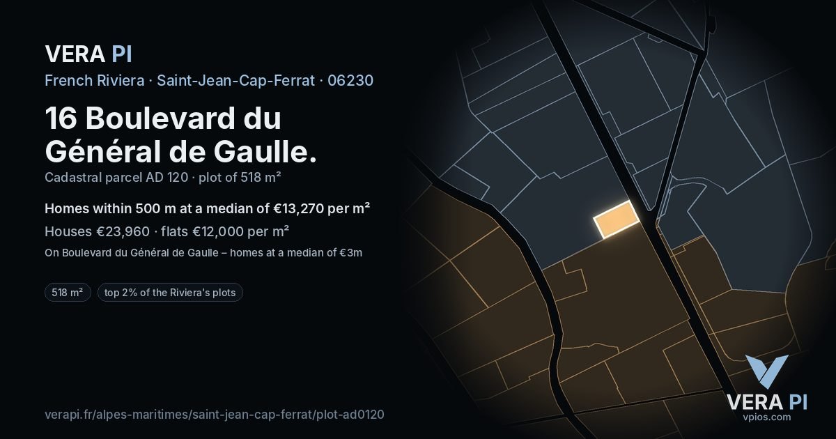 16 Boulevard du Général de Gaulle, Saint-Jean-Cap-Ferrat at night – the plot lit, the parcels around coloured by the prices near them