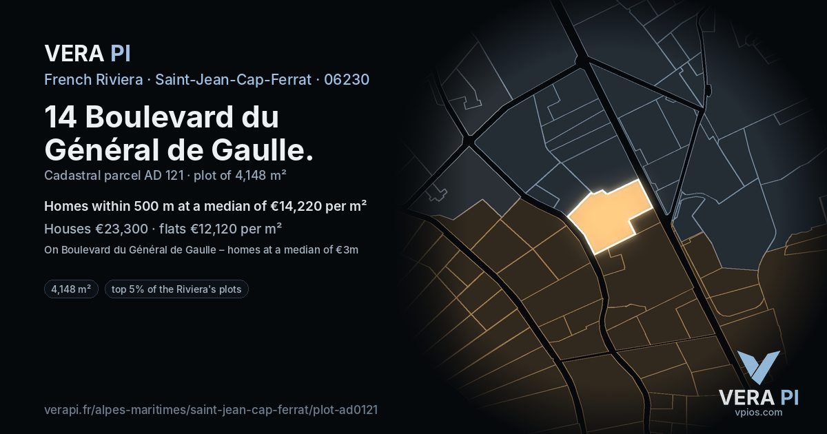 14 Boulevard du Général de Gaulle, Saint-Jean-Cap-Ferrat at night – the plot lit, the parcels around coloured by the prices near them