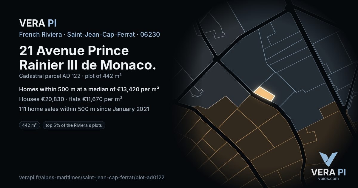 21 Avenue Prince Rainier III de Monaco, Saint-Jean-Cap-Ferrat at night – the plot lit, the parcels around coloured by the prices near them