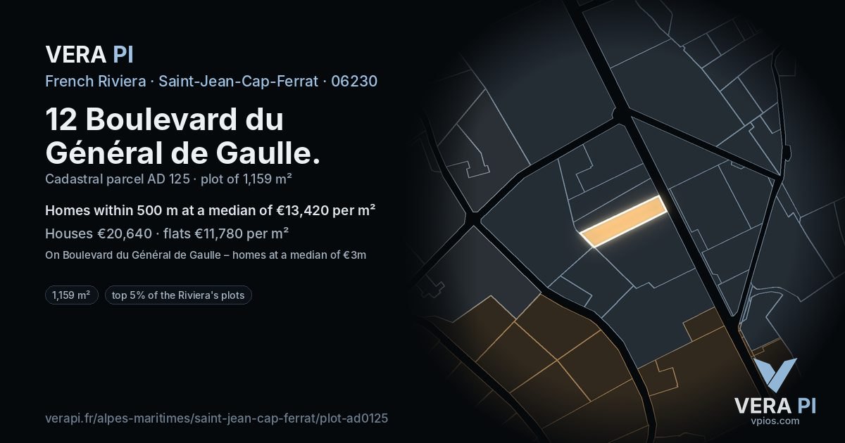 12 Boulevard du Général de Gaulle, Saint-Jean-Cap-Ferrat at night – the plot lit, the parcels around coloured by the prices near them