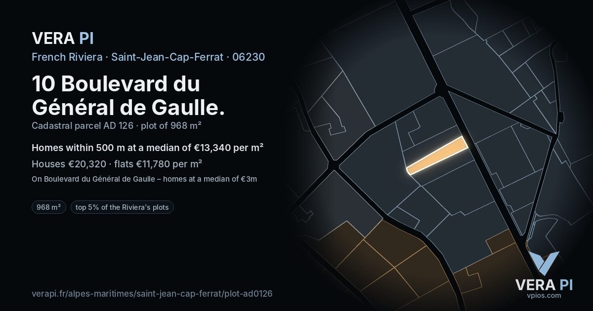 10 Boulevard du Général de Gaulle, Saint-Jean-Cap-Ferrat at night – the plot lit, the parcels around coloured by the prices near them