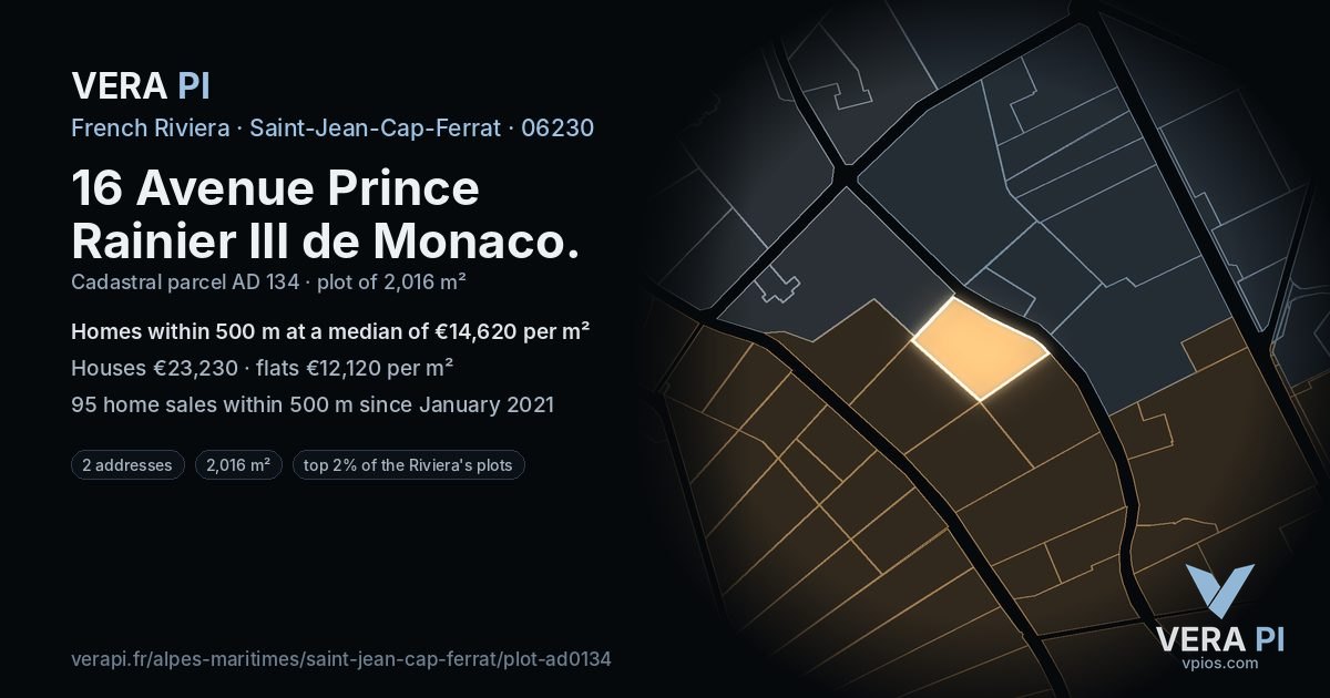 16 Avenue Prince Rainier III de Monaco, Saint-Jean-Cap-Ferrat at night – the plot lit, the parcels around coloured by the prices near them