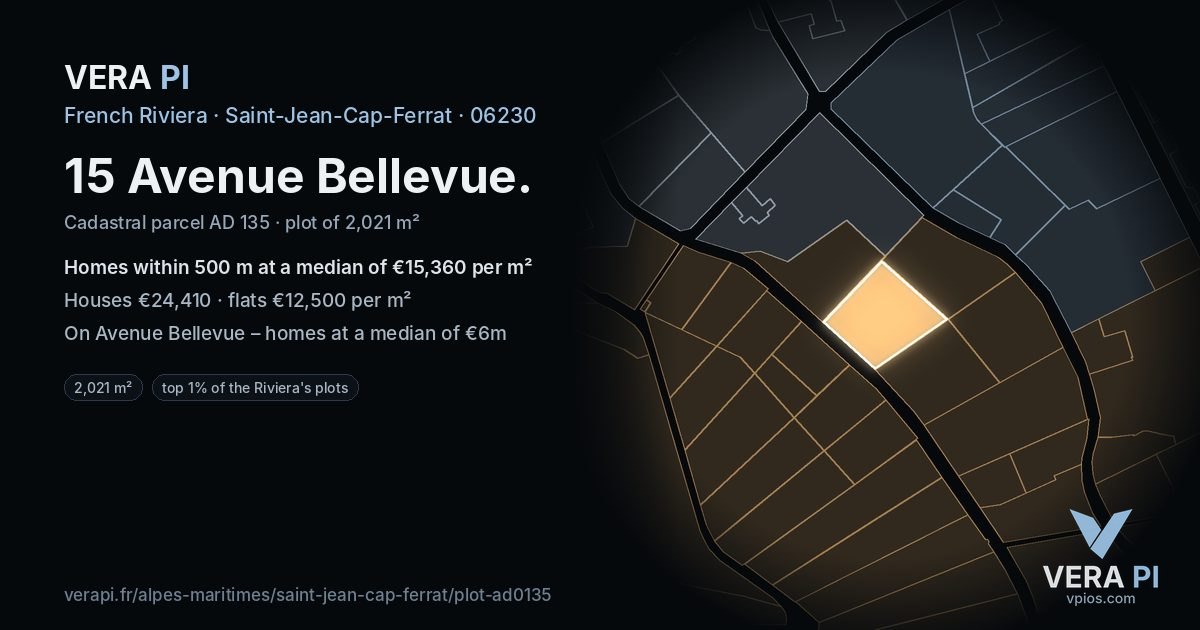 15 Avenue Bellevue, Saint-Jean-Cap-Ferrat at night – the plot lit, the parcels around coloured by the prices near them