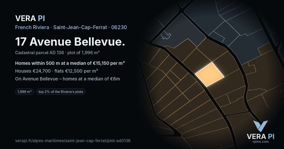 17 Avenue Bellevue, Saint-Jean-Cap-Ferrat at night – the plot lit, the parcels around coloured by the prices near them