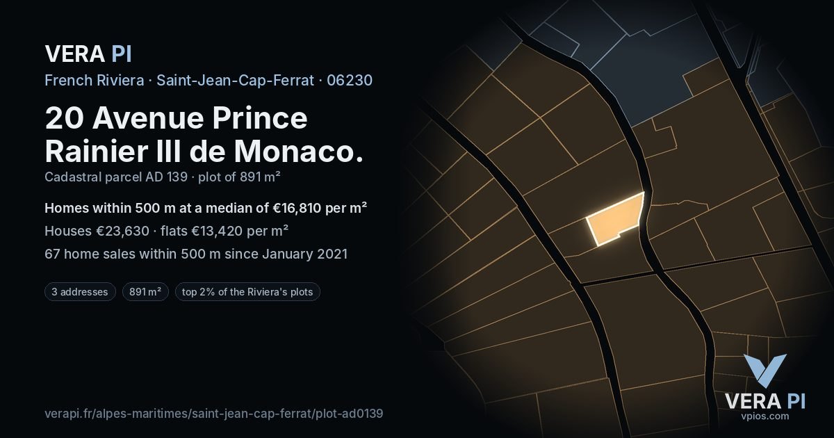20 Avenue Prince Rainier III de Monaco, Saint-Jean-Cap-Ferrat at night – the plot lit, the parcels around coloured by the prices near them