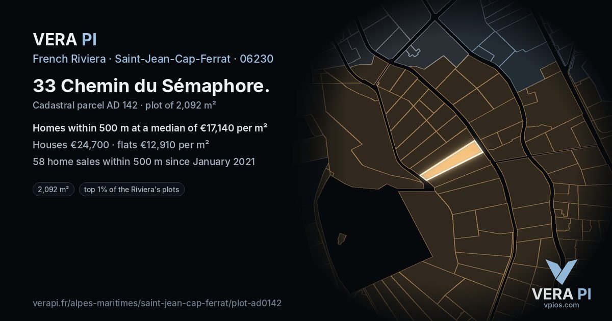 33 Chemin du Sémaphore, Saint-Jean-Cap-Ferrat at night – the plot lit, the parcels around coloured by the prices near them
