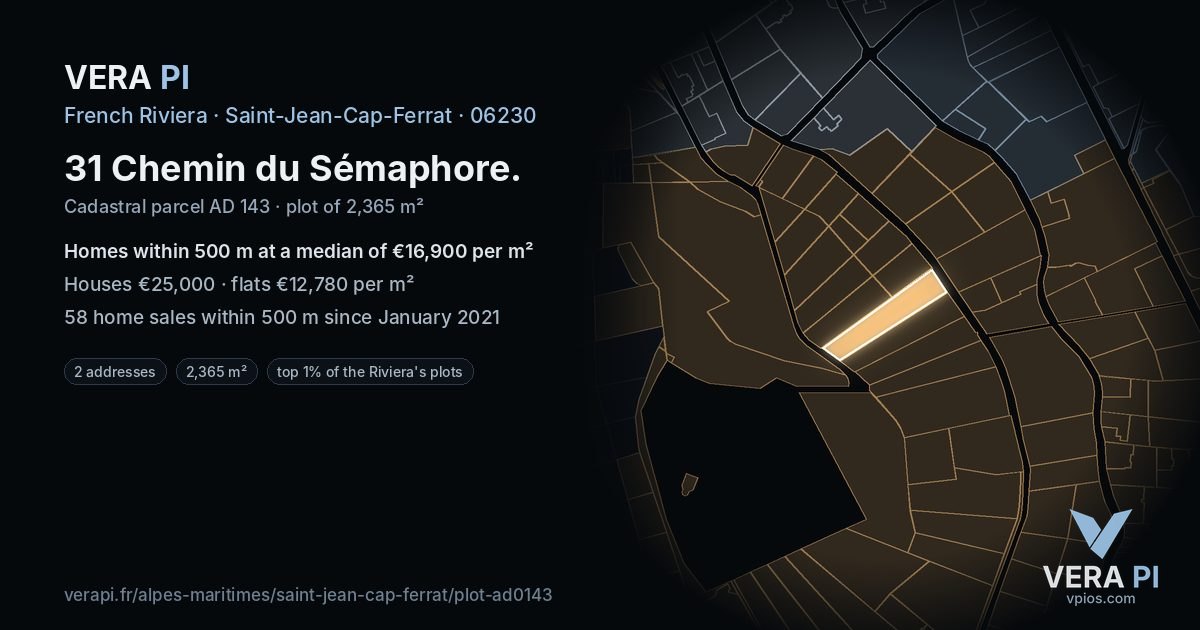 31 Chemin du Sémaphore, Saint-Jean-Cap-Ferrat at night – the plot lit, the parcels around coloured by the prices near them