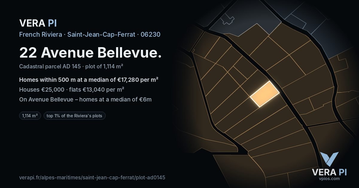 22 Avenue Bellevue, Saint-Jean-Cap-Ferrat at night – the plot lit, the parcels around coloured by the prices near them