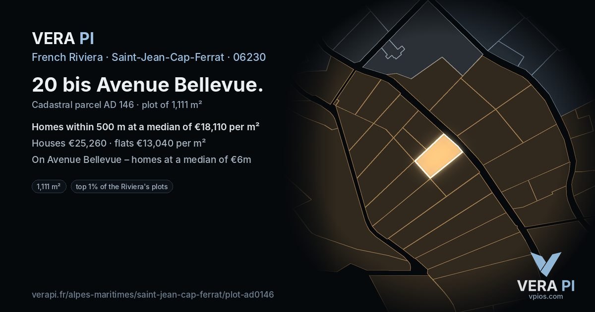 20 bis Avenue Bellevue, Saint-Jean-Cap-Ferrat at night – the plot lit, the parcels around coloured by the prices near them