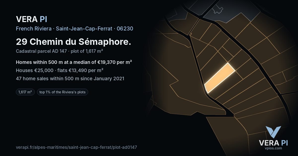 29 Chemin du Sémaphore, Saint-Jean-Cap-Ferrat at night – the plot lit, the parcels around coloured by the prices near them