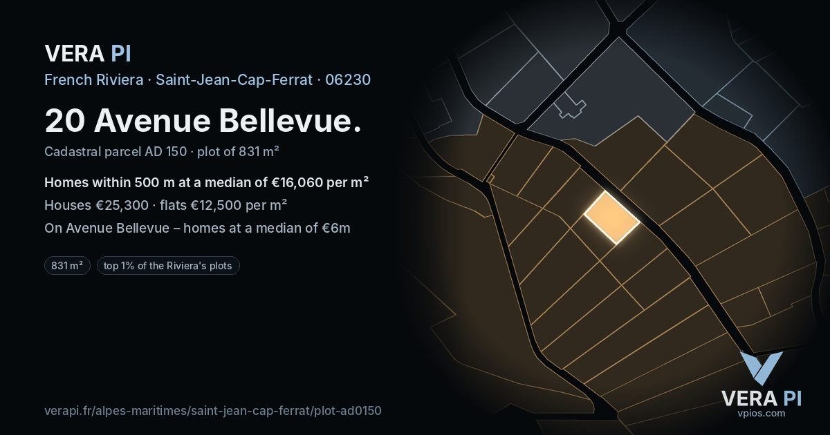 20 Avenue Bellevue, Saint-Jean-Cap-Ferrat at night – the plot lit, the parcels around coloured by the prices near them