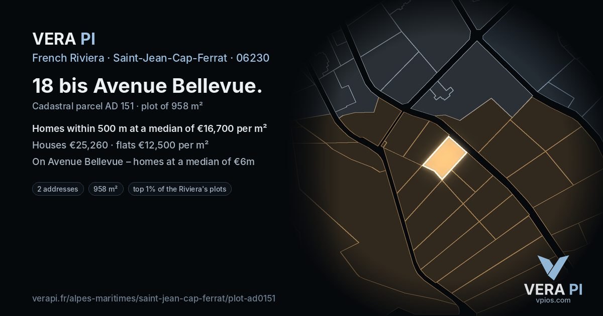18 bis Avenue Bellevue, Saint-Jean-Cap-Ferrat at night – the plot lit, the parcels around coloured by the prices near them