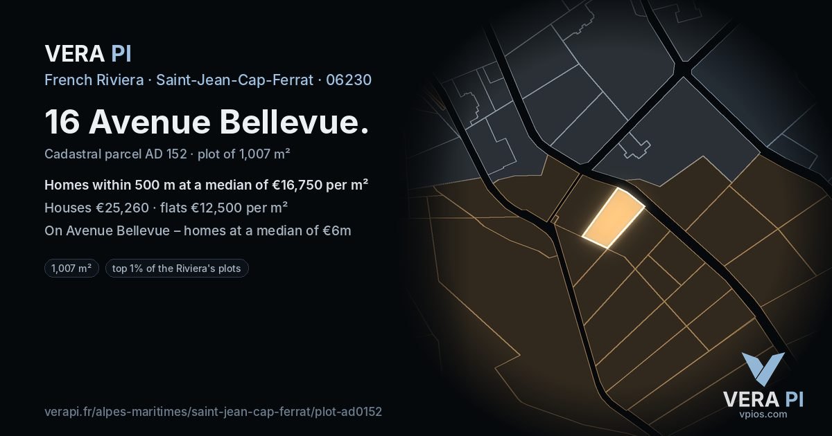16 Avenue Bellevue, Saint-Jean-Cap-Ferrat at night – the plot lit, the parcels around coloured by the prices near them