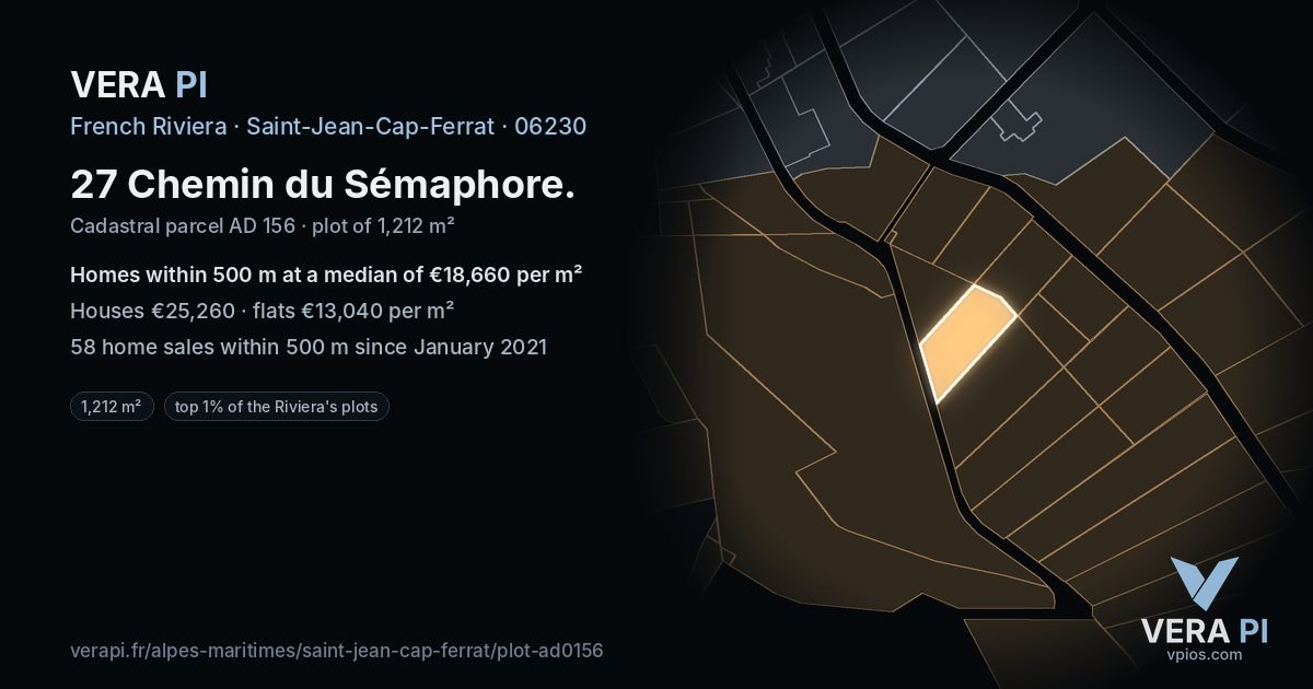 27 Chemin du Sémaphore, Saint-Jean-Cap-Ferrat at night – the plot lit, the parcels around coloured by the prices near them