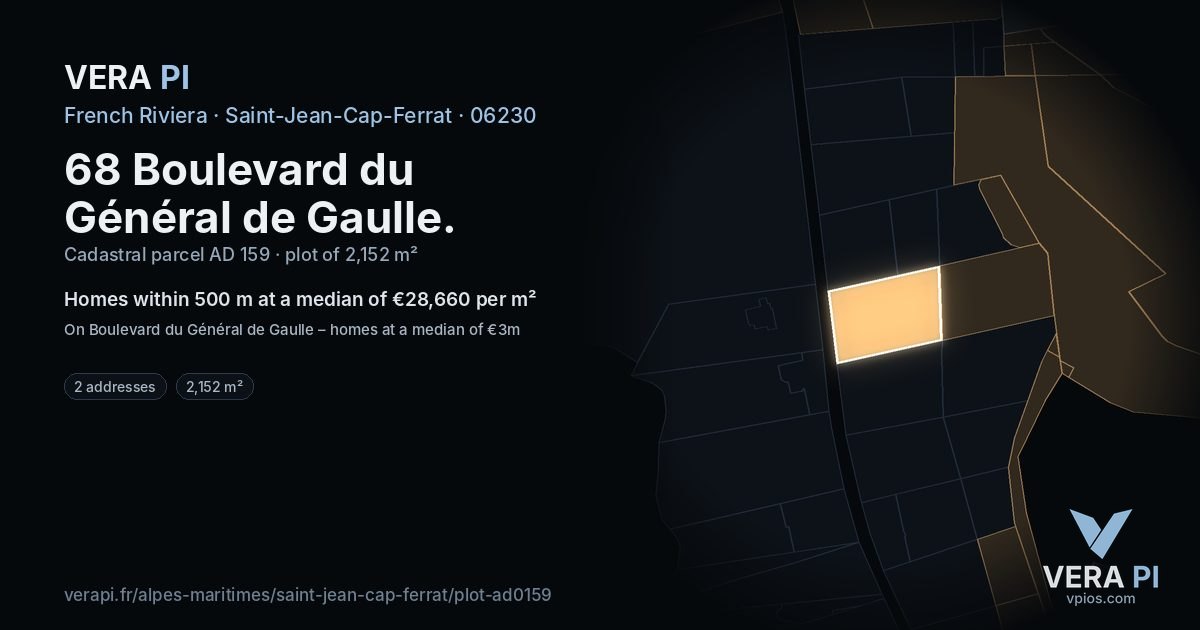68 Boulevard du Général de Gaulle, Saint-Jean-Cap-Ferrat at night – the plot lit, the parcels around coloured by the prices near them
