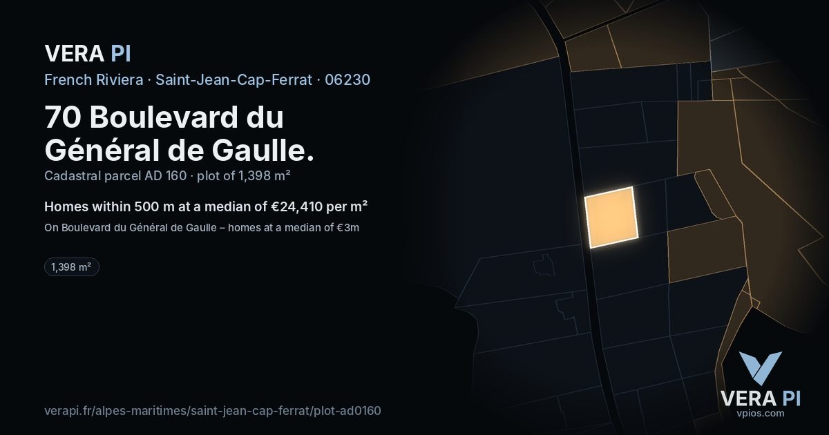 70 Boulevard du Général de Gaulle, Saint-Jean-Cap-Ferrat at night – the plot lit, the parcels around coloured by the prices near them