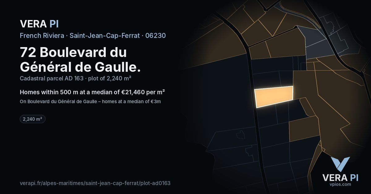 72 Boulevard du Général de Gaulle, Saint-Jean-Cap-Ferrat at night – the plot lit, the parcels around coloured by the prices near them