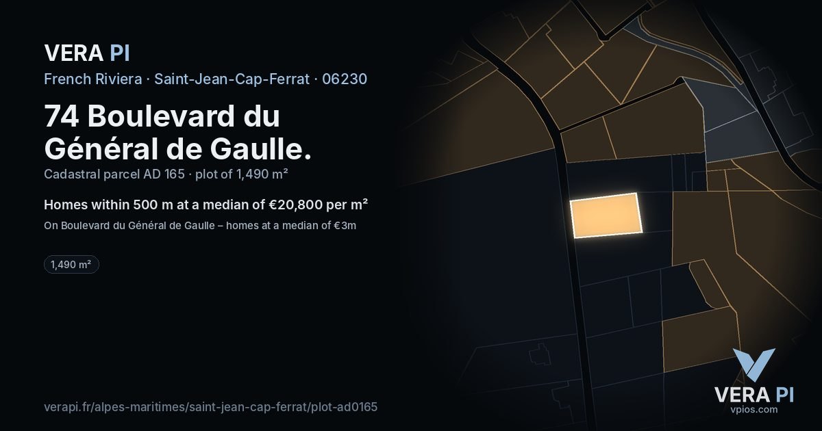 74 Boulevard du Général de Gaulle, Saint-Jean-Cap-Ferrat at night – the plot lit, the parcels around coloured by the prices near them