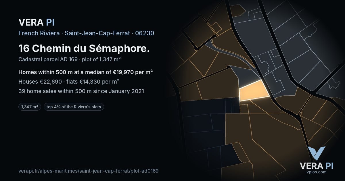 16 Chemin du Sémaphore, Saint-Jean-Cap-Ferrat at night – the plot lit, the parcels around coloured by the prices near them