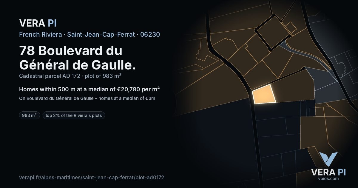 78 Boulevard du Général de Gaulle, Saint-Jean-Cap-Ferrat at night – the plot lit, the parcels around coloured by the prices near them
