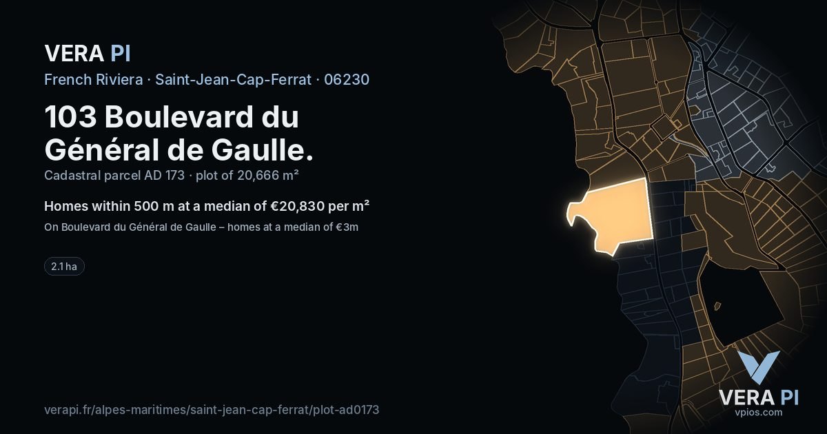 103 Boulevard du Général de Gaulle, Saint-Jean-Cap-Ferrat at night – the plot lit, the parcels around coloured by the prices near them