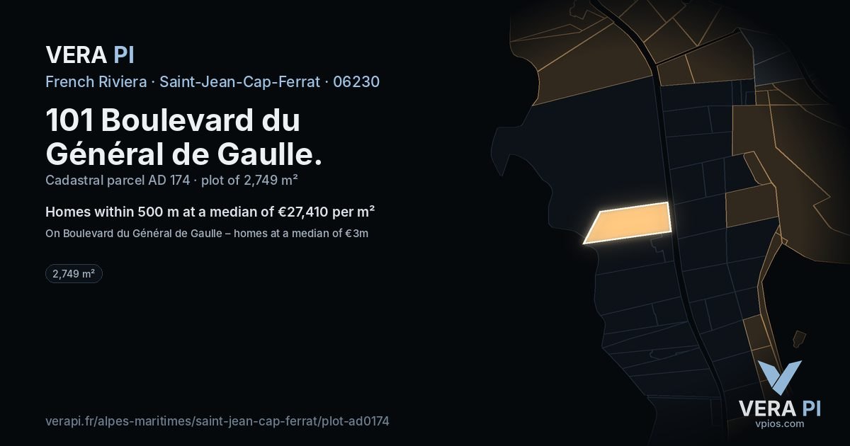 101 Boulevard du Général de Gaulle, Saint-Jean-Cap-Ferrat at night – the plot lit, the parcels around coloured by the prices near them