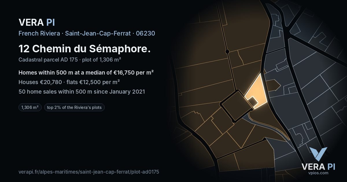 12 Chemin du Sémaphore, Saint-Jean-Cap-Ferrat at night – the plot lit, the parcels around coloured by the prices near them