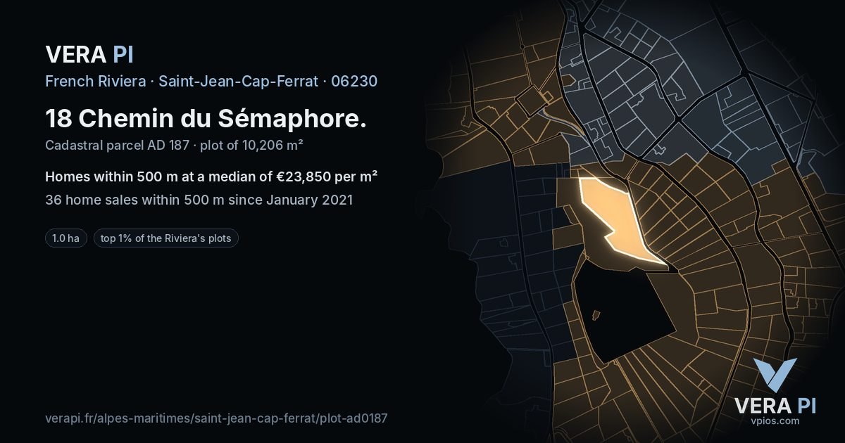 18 Chemin du Sémaphore, Saint-Jean-Cap-Ferrat at night – the plot lit, the parcels around coloured by the prices near them