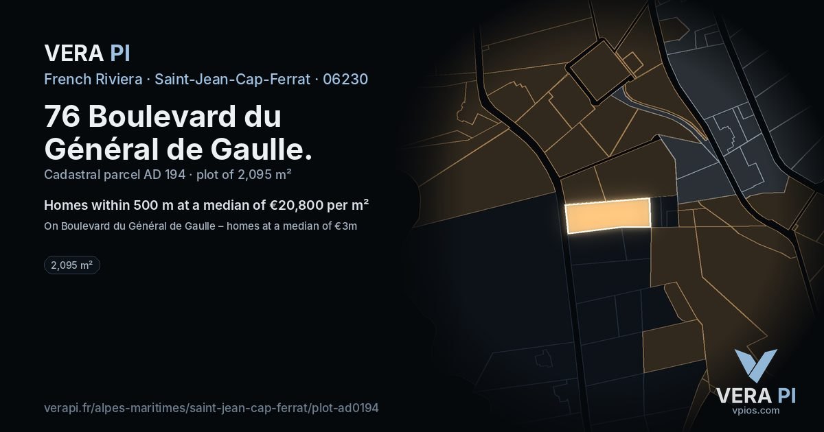 76 Boulevard du Général de Gaulle, Saint-Jean-Cap-Ferrat at night – the plot lit, the parcels around coloured by the prices near them