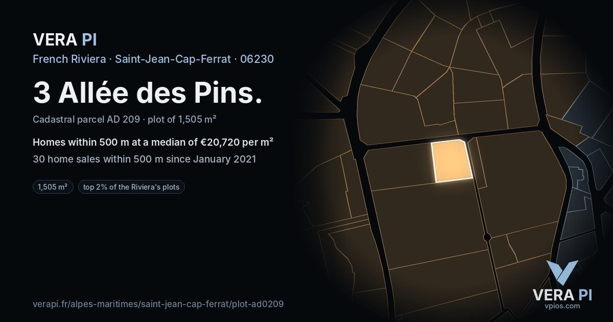 3 Allée des Pins, Saint-Jean-Cap-Ferrat at night – the plot lit, the parcels around coloured by the prices near them