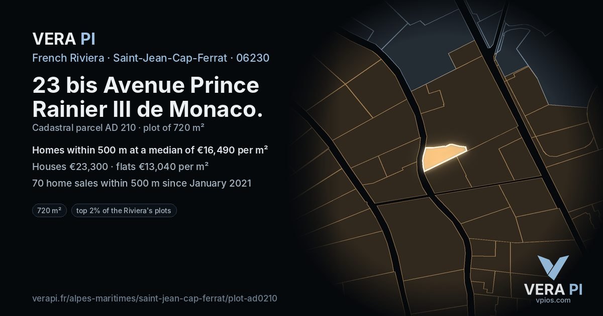 23 bis Avenue Prince Rainier III de Monaco, Saint-Jean-Cap-Ferrat at night – the plot lit, the parcels around coloured by the prices near them