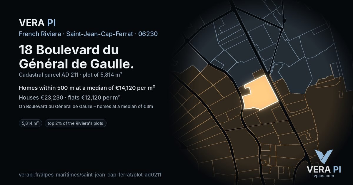 18 Boulevard du Général de Gaulle, Saint-Jean-Cap-Ferrat at night – the plot lit, the parcels around coloured by the prices near them