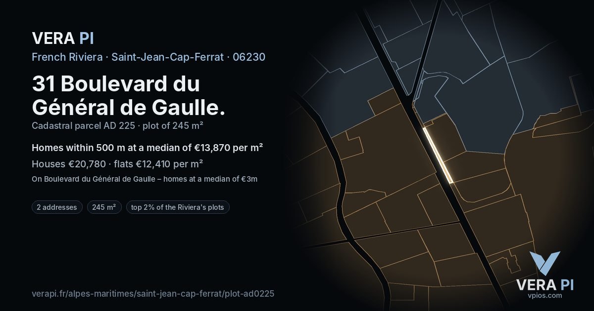 31 Boulevard du Général de Gaulle, Saint-Jean-Cap-Ferrat at night – the plot lit, the parcels around coloured by the prices near them