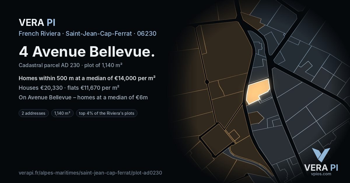 4 Avenue Bellevue, Saint-Jean-Cap-Ferrat at night – the plot lit, the parcels around coloured by the prices near them