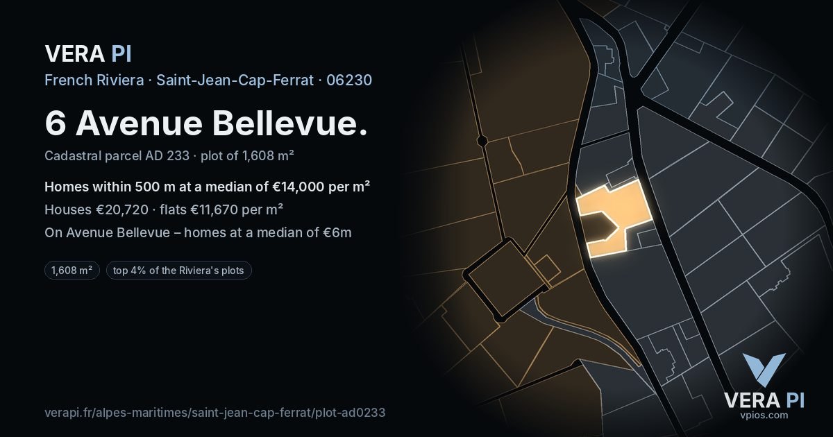 6 Avenue Bellevue, Saint-Jean-Cap-Ferrat at night – the plot lit, the parcels around coloured by the prices near them