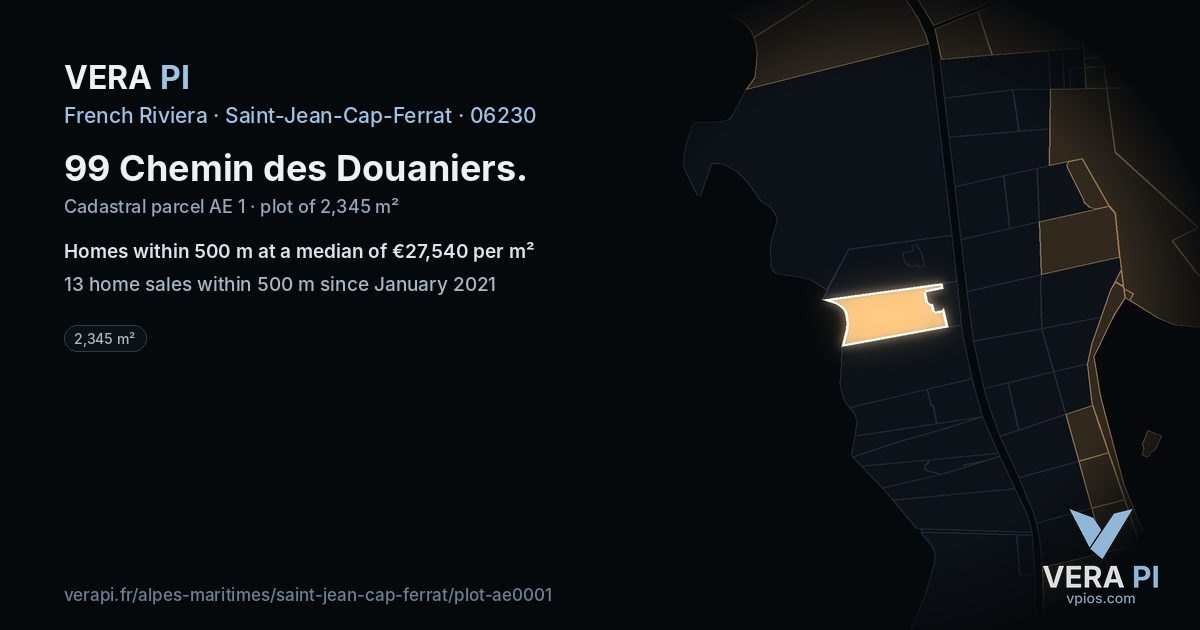 99 Chemin des Douaniers, Saint-Jean-Cap-Ferrat at night – the plot lit, the parcels around coloured by the prices near them