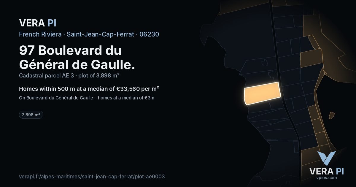 97 Boulevard du Général de Gaulle, Saint-Jean-Cap-Ferrat at night – the plot lit, the parcels around coloured by the prices near them