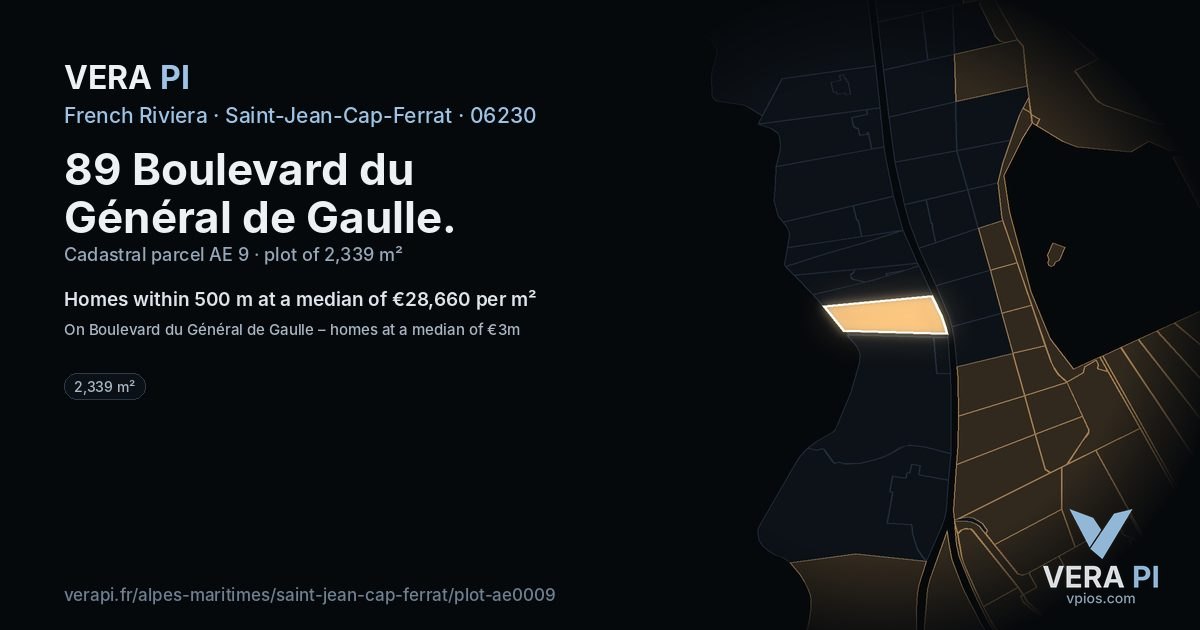 89 Boulevard du Général de Gaulle, Saint-Jean-Cap-Ferrat at night – the plot lit, the parcels around coloured by the prices near them