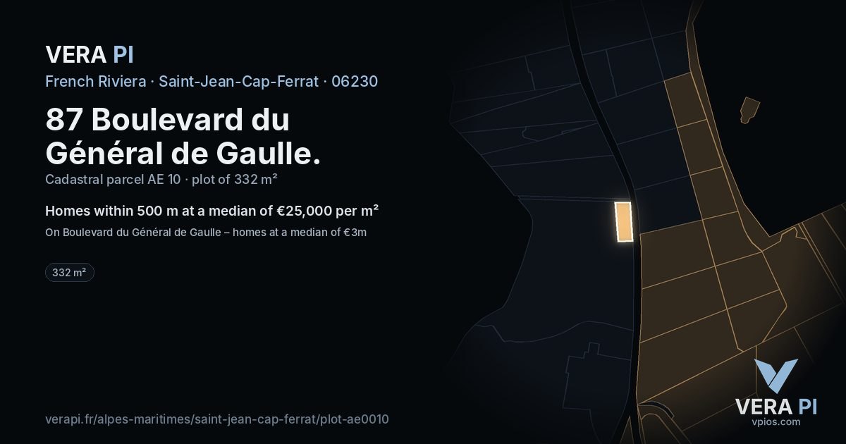 87 Boulevard du Général de Gaulle, Saint-Jean-Cap-Ferrat at night – the plot lit, the parcels around coloured by the prices near them