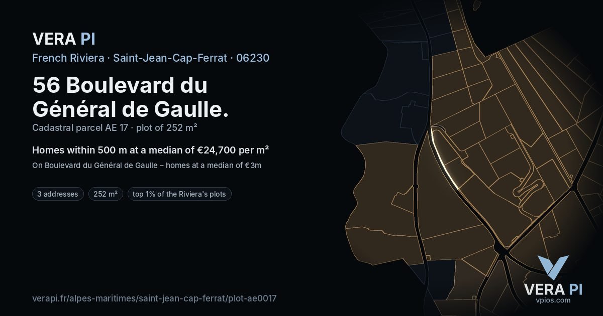 56 Boulevard du Général de Gaulle, Saint-Jean-Cap-Ferrat at night – the plot lit, the parcels around coloured by the prices near them